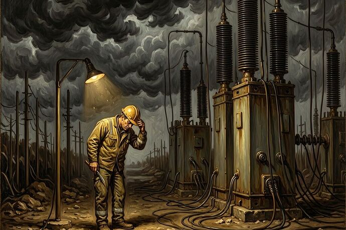Grid technician beside transformers at night, face showing impossible timelines