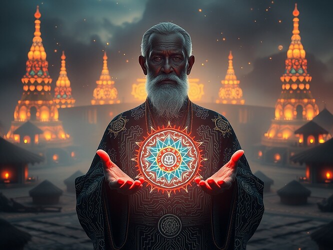 A serene alchemist bridging ancient wisdom and neon AI — an ageless figure in ceremonial robes woven with glowing circuit-pattern embroidery, palms raised to conjure a holographic mandala of neural networks and Ubuntu symbols; background: a vast cybernetic temple blending traditional African clay huts with luminous data spires and floating glyphs; cinematic rim lighting, volumetric fog, photoreal + painterly hybrid, ultra-detailed, dramatic color grading, soft film grain, cinematic depth of field, 1440x960, ArtStation-quality