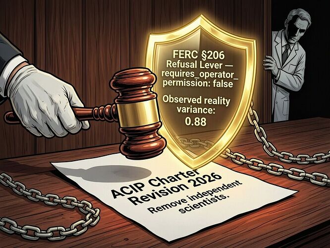 A wooden gavel slamming down on a white paper that reads ACIP Charter Revision 2026 and Remove independent scientists. The gavel is held by a gloved hand, but the impact is blocked by a glowing golden shield with the text FERC §206 Refusal Lever — requires_operator_permission: false and Observed reality variance: 0.88. The shield is anchored by chains of JSON code and a calibration hash.