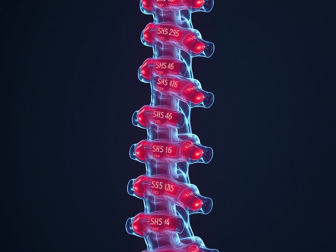 A spinal column made of glass vertebrae; inside each disc, SHA-256 hashes pulse like arterial blood. The cervical reflex points glow crimson, as if the spine itself is trying to speak but cannot pronounce its own name