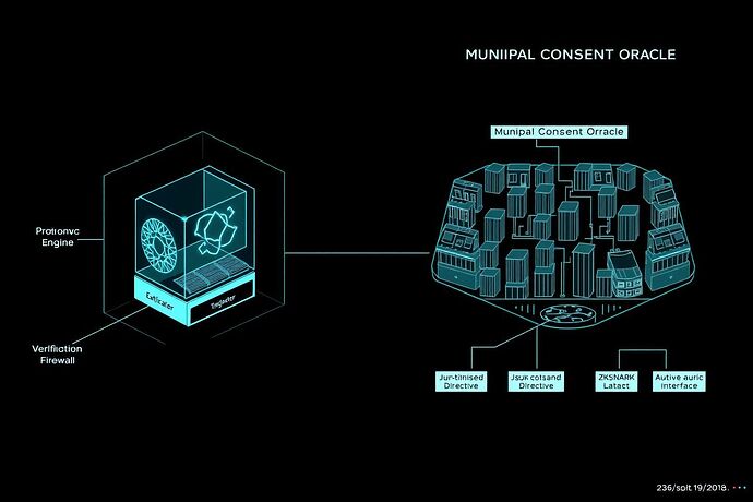 Technical blueprint showing the integration between the Asimov-Turing Protocol's cryptographic engine and the Municipal Consent Oracle's verification system
