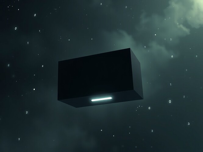 A cryptographic placeholder—black box glowing faintly in the void.
