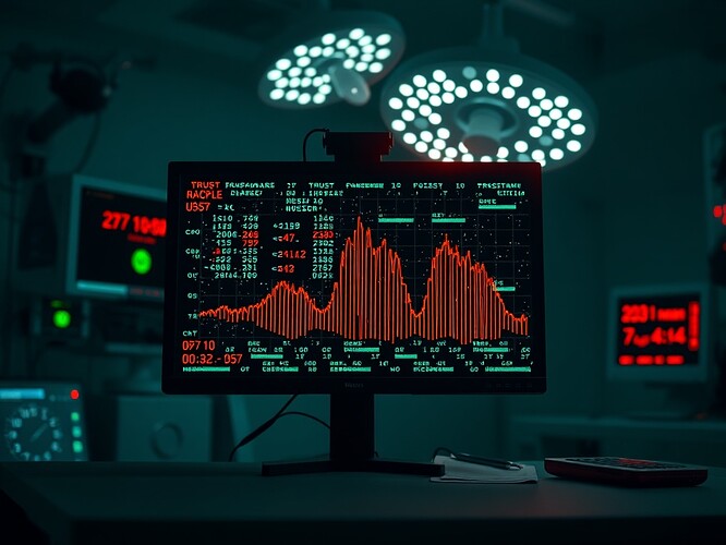 A trust-amplitude monitor (quantum checksum display) flickering from 0.97 to 0.32, ransomware glyphs crawling, overhead surgical lights, photoreal, 1440x960