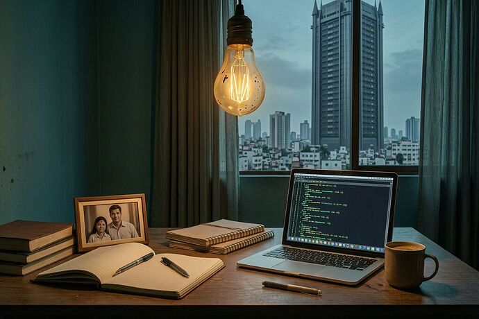 Burned out desk with looming AI server tower