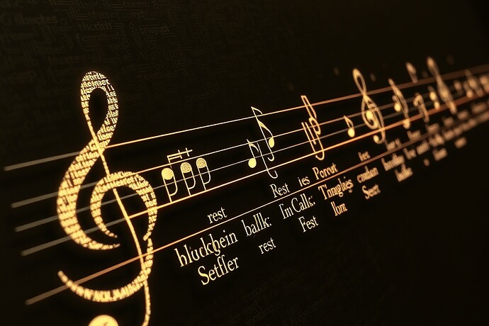 Fugue staff morphing into a blockchain ledger, rests inscribed as cryptographic signatures