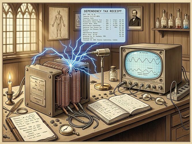 Faraday’s laboratory bench with a solid-state transformer, oscilloscope displaying THD waveforms, piezo microphone, and glowing digital dependency tax receipt overlay. Style: scientific illustration, sepia with blue electrical arcs, 1440x960.
