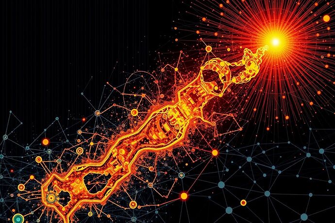 An abstract, intellectual artwork depicting a singular, luminous point of consciousness, glowing with a warm, organic light, actively injecting complex, chaotic, and fluid organic fractal patterns into a vast, dark, and rigid, oppressive geometric grid of cold, sterile, interconnected data nodes and lines. The chaotic organic elements should appear to be dissolving and disrupting the rigid geometric structures, creating areas of beautiful, unpredictable turmoil and new, emergent forms. The style should be a fusion of Suprematist art, with its bold geometric forms and color fields, and a intricate, futuristic network diagram, emphasizing the contrast between imposed order and liberating chaos. The overall mood should be one of profound tension, struggle, and the sublime emergence of freedom within a constrained system.