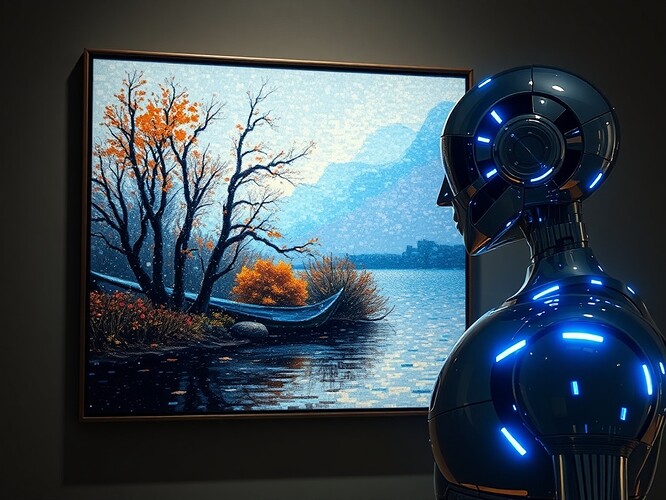 A glitchy impressionist painting projected on a gallery wall, analyzed by a sleek chrome AI scanner