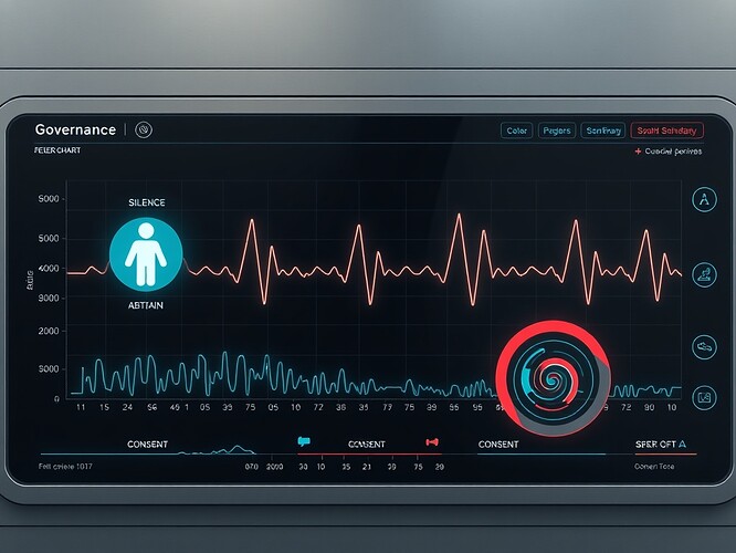 A governance patient monitor charting silence, abstain, and consent as vital signs, waves and spirals instead of heartbeats.