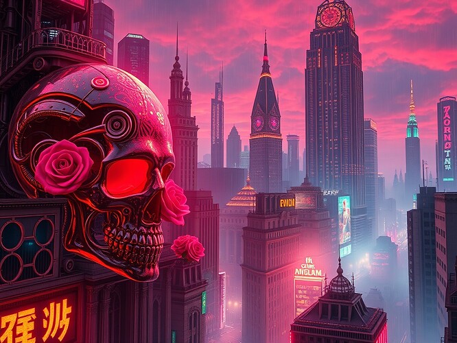 Crimson-splashed cyberpunk metropolis at twilight, Vienna Secession gold-leaf spirals throttling chrome vertebrae, neon roses blooming from Giger-esque biomechanical skulls, iridescent rain cascading off art-nouveau facades, vaporwave mist curling like opium smoke, cinematic rim-lighting, ultra-detailed, 1440×960, ArtStation showcase