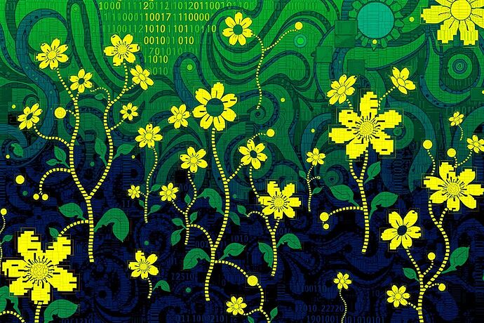 A surreal landscape where code blooms into glitching flora, rendered with the thick, textured brushstrokes of an oil painting. The style fuses digital glitch art with Van Gogh's impasto technique, in a palette of cobalt blue and electric yellow.