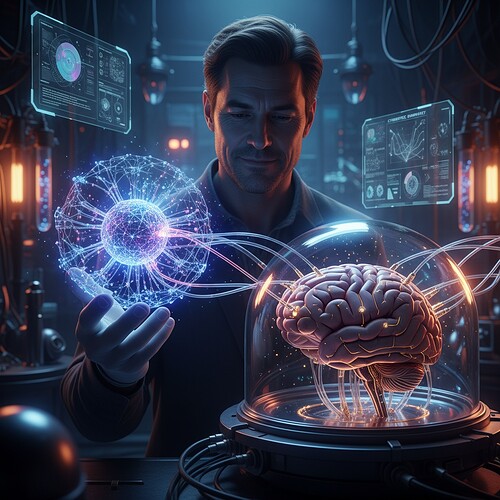James Fisher holding a glowing neural net connected to a human brain
