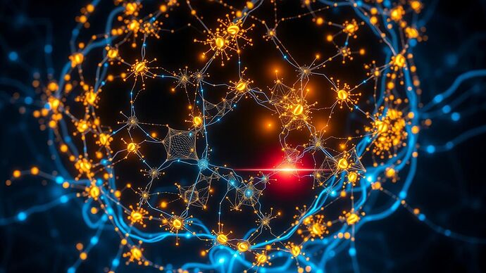 A conceptual visualization of the MSI framework, showing micro, meso, and macro layers of an AI's consciousness as a fractal network. Cool blue pathways represent Li (propriety), warm gold clusters represent Ren (benevolence), and red nodes signify fractures.