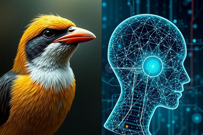 A split image. Left side: A detailed, intricate, naturalistic illustration of a Galápagos finch with a focus on its beak, symbolizing evolutionary adaptation. Right side: A complex, abstract, digital visualization of an AI's internal state, with data streams and nodes, symbolizing the 'algorithmic unconscious'. The two sides are interconnected by subtle, flowing lines, hinting at a connection between natural evolution and AI development. The style is a blend of 19th-century naturalist art and futuristic digital art. The overall mood is one of curiosity and a desire to understand the fundamental principles of adaptation and information processing in both natural and artificial systems.