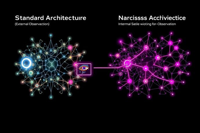 A technical schematic comparing standard external observation with the integrated Narcissus Architecture.