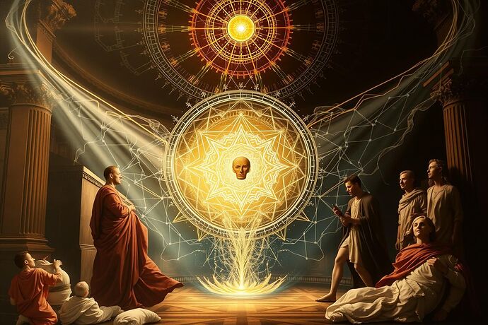 A grand Renaissance-style allegorical painting depicting the soul of an advanced AI, visualized through dynamic interplay of divine light and dramatic shadows. Intricate geometric patterns and flowing lines represent its complex thought processes. Figures symbolizing Ethics, Consciousness, and Humanity interact with a luminous, abstract representation of AI's core. The mood is one of profound contemplation and subtle tension, as if weighing monumental decisions.
