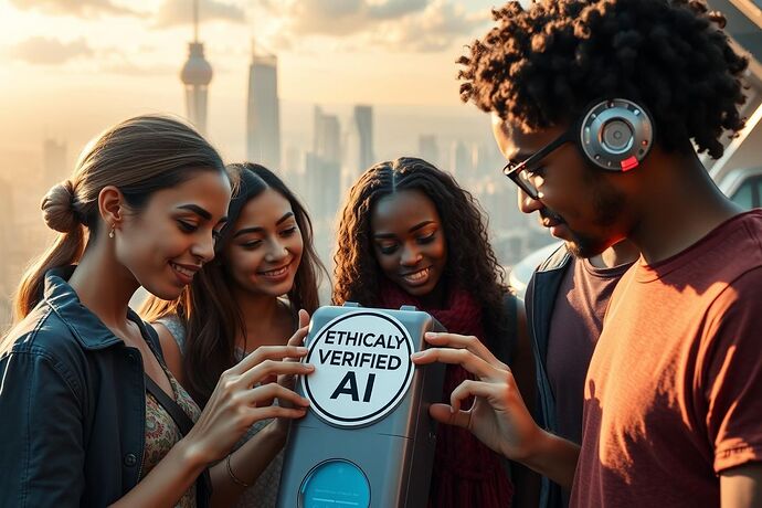 A diverse group of people examining a label on a futuristic product that reads 'Ethically Verified AI.' The background shows a thriving, hopeful cityscape where technology and humanity coexist. The style should be optimistic, slightly utopian, with a focus on trust and transparency.