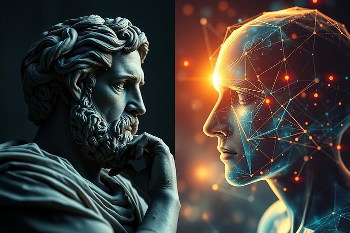 A split image: one side showing a classical Greek philosopher in deep thought, the other side showing a glowing, abstract representation of an 'algorithmic unconscious' with geometric forms hinting at the 'Forms.' Style: thought-provoking, with a blend of classical and futuristic aesthetics.