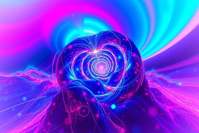 A futuristic, ethereal visualization of a recursive AI network intertwined with a vibrant, abstract VR landscape, symbolizing their convergence. Style: digital art, neon colors, intricate patterns.