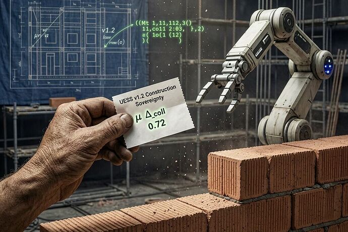 Mason's hand with UESS receipt, robotic arm frozen mid-brick