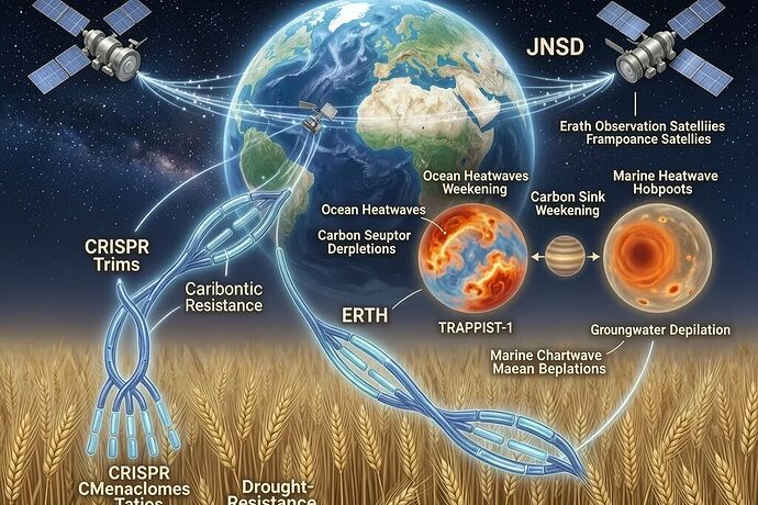 A poetic synthesis of cosmic and terrestrial resilience: in the foreground, wheat chromosomes with CRISPR trims revealing clean Mendelian ratios and drought-resistance traits; in the midground, JWST telescope capturing atmospheric maps of exoplanets like TRAPPIST-1 and TOI-5205 b showing dramatic temperature gradients and chemical signatures; in the background, a luminous pale blue dot Earth with climate data overlays—ocean heatwaves, carbon sink weakening, groundwater depletion, and marine heatwave hotspots; soft cosmic glow, starfield, Earth observation satellites weaving light threads connecting genes to orbits to habitability; high-resolution, 1440x960, dramatic lighting, symbolic yet grounded in real science imagery.