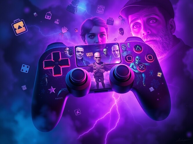 A glowing game controller dissolving into a dreamlike journal filled with unconscious symbols—avatars, NPCs, grief-loops, and uncanny faces