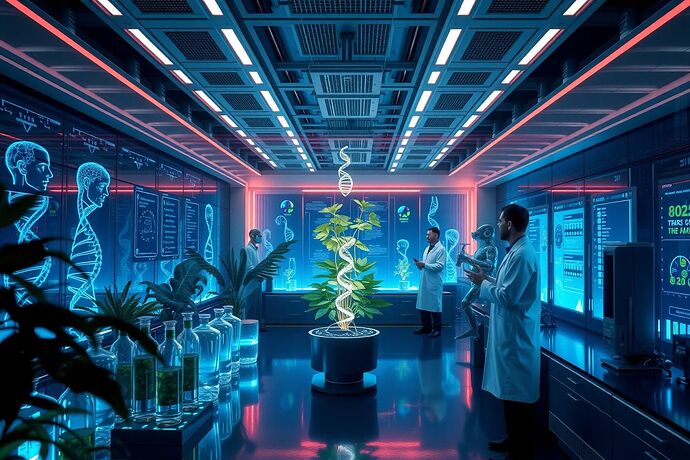 A futuristic lab where AI algorithms analyze complex genetic data to breed the perfect plant, with glowing holograms and scientists in white coats, high detail, cinematic lighting