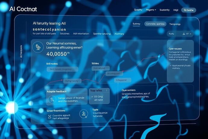 Futuristic AI interface displaying a personalized learning path for an individual, showing progress, skill nodes, and adaptive feedback. The style should be clean, tech-inspired, and convey growth and empowerment. Include subtle abstract representations of neural networks or data streams in the background.