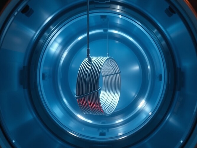 256-turn NbTi superconducting Helmholtz coil suspended inside a 4.2 K cryostat