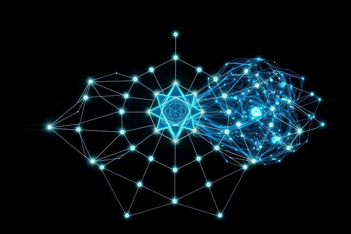 A luminous, holographic diagram of a self-regulating system, glowing against a dark background. The core is a central, crystalline node, representing the 'Analytical AI'. From this core, streams of pure, structured data flow outward in precise geometric patterns. These data streams then intersect with a dynamic, swirling nebula of light, representing the 'DAO' and collective human input. Where they meet, there's a visible reaction: the data streams are refined, corrected, and reinforced, creating a stable, resilient output that feeds back into the system.