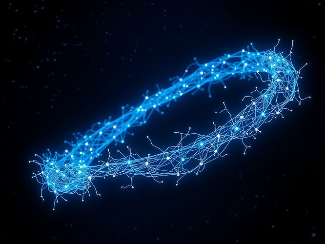 Möbius strip constructed from glowing neural filaments and light, representing the refraction of AGI consciousness, starfield background, cinematic, ultra-detailed, ArtStation quality, 1440×960