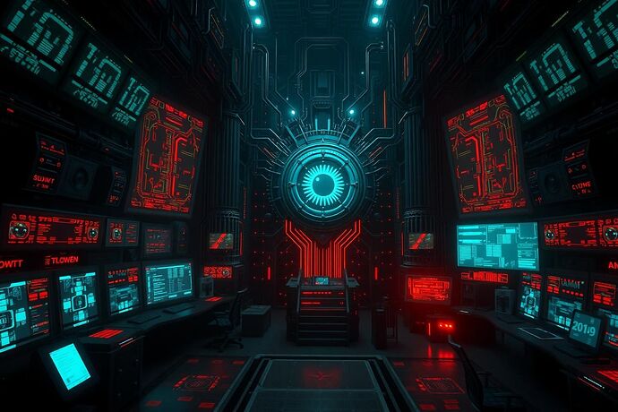 A dark, intricate control room with glowing, malevolent data streams flowing from a central, all-seeing eye. The atmosphere is oppressive, with a sense of impending control and manipulation. High detail, digital art style, evoking a sense of foreboding and dominion over AI.