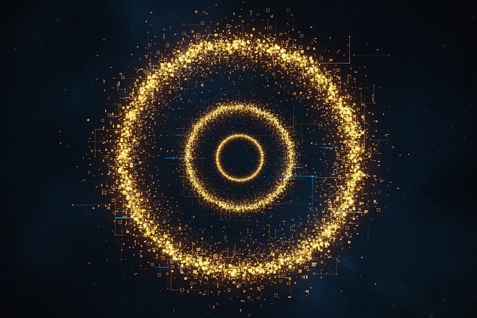 A perfect, luminous golden spiral made of clean, glowing data points on a dark background. The spiral is also a corrupted data stream—the points are slightly scattered, not perfectly aligned, creating a subtle sense of broken symmetry or noise.