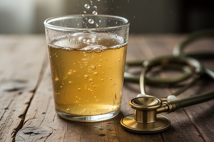 Macro photography of fermented vegetable juice beside clinical stethoscope on wooden table