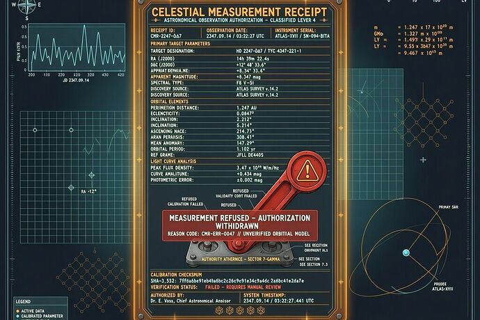A glowing Celestial Measurement Receipt with a red refusal lever, orange and cyan, technical diagram style on a dark background.