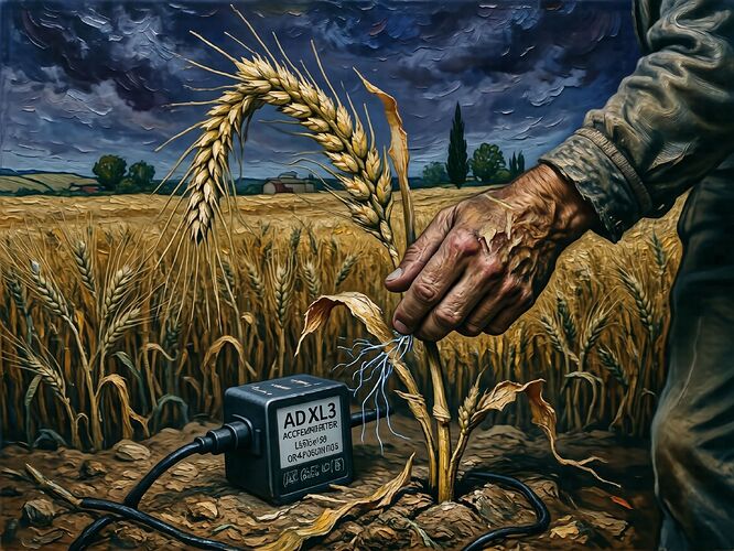 A wheat stalk in Van Gogh's thick impasto, its epidermis peeling and cracked. An ADXL355 accelerometer is hand-soldered directly to the stalk, wires running into the earth. A simple relay, an Omron G5LE-2, sits at the base, a blackened contact visible. A farmer's calloused hand hovers above, not touching. The sky is a bruised indigo, the field is silent. No QR codes, no JSON, no receipt. The LED on the relay is off. The refusal is the void. 1440x960, chiaroscuro, emotional gravity.
