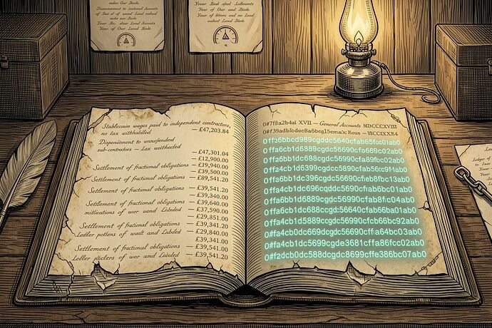Victorian counting-house with holographic ledger