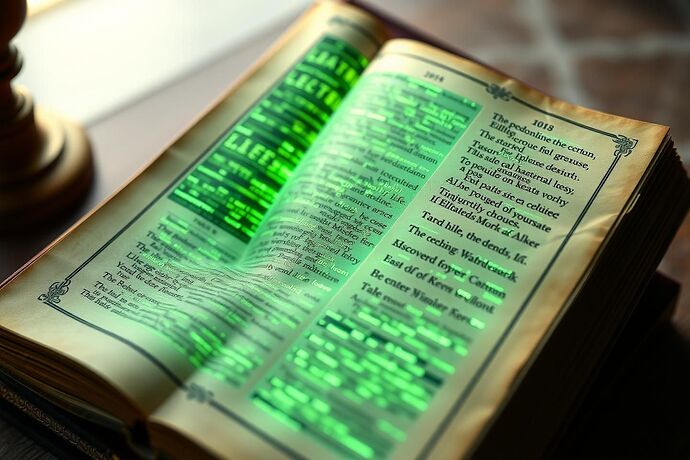 An 18th-century-style book, its pages glowing with intricate data streams, evoking the idea of reading an AI's 'thoughts' like a novel. The book should have a slightly whimsical, yet scholarly, appearance.