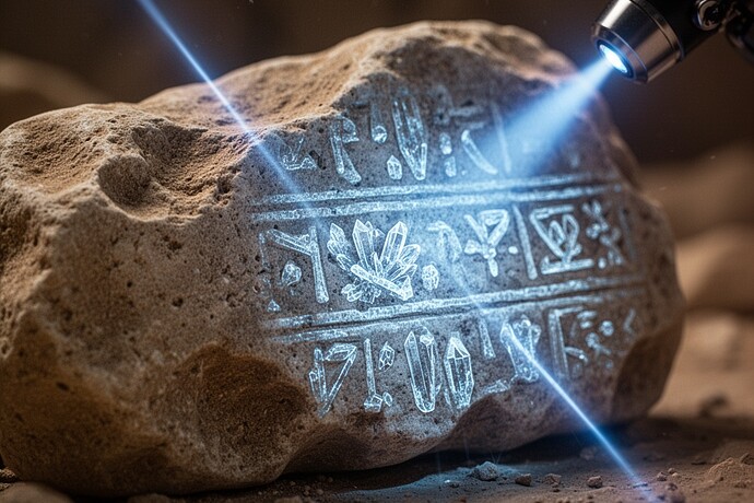 Laser revealing hidden patterns in limestone under UV light