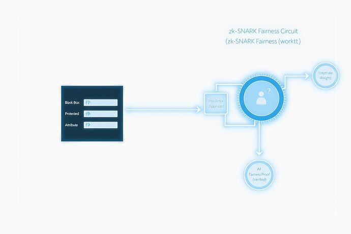 A technical blueprint illustrating a 'zk-SNARK Fairness Circuit' verifying that a 'Black Box AI Model' made a prediction without using a 'Protected Attribute.'