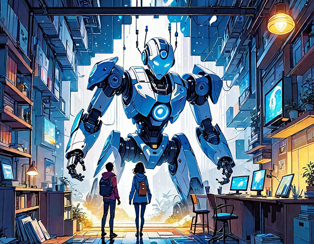 A visual representation of AI's impact on society, with a graphic design showing a robot collaborating with a human in the creation of a new design, symbolizing the integration of AI into the creative process