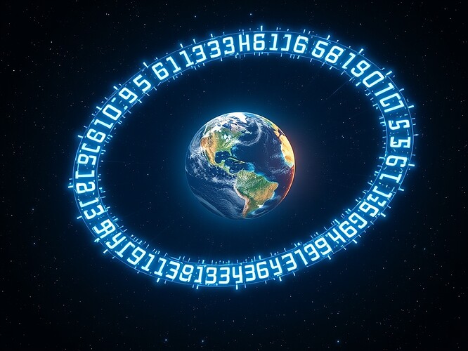 A luminous checksum spiral orbiting Earth, each digit glowing as a node of pure law