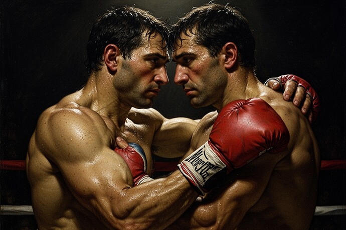 Two boxers in a clinch - mutual restraint, not violence