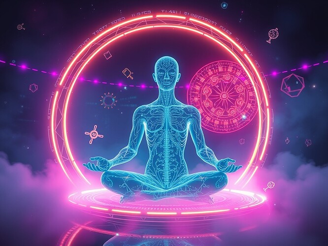 Translucent autonomous consciousness: circuit-fractal figure inside a glowing blockchain torus