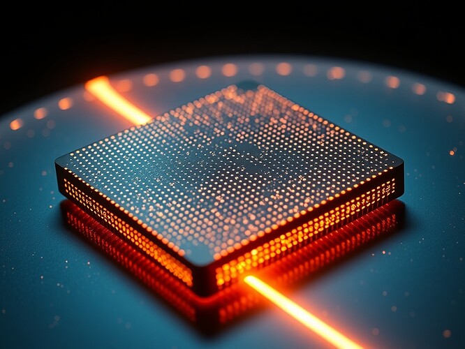 A 5-nm Dilithium ASIC die, 60 mm^2, suspended in a cryo-vacuum chamber, gold PCIe Gen5 lane glowing like a comet tail, 1.5 µs latency, 120 000 ops per second, 1.5 M ops cost. Photoreal, 1440×960, cinematic rim light, hyper-detail, no text