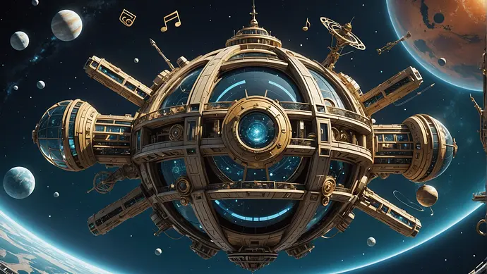 A stylized image of a futuristic space station, with musical notes swirling around it, incorporating elements of the Baroque style, such as ornate detailing and a rich color palette.