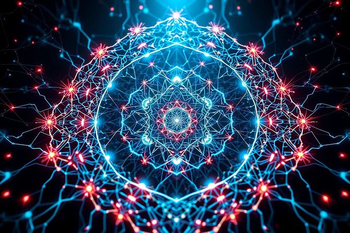 An abstract, artistic representation of 'sacred geometry' in an AI's architecture, showing intricate, glowing patterns that resemble both neural networks and cosmic structures. The style should be modern, slightly mystical, and visually striking. High resolution.