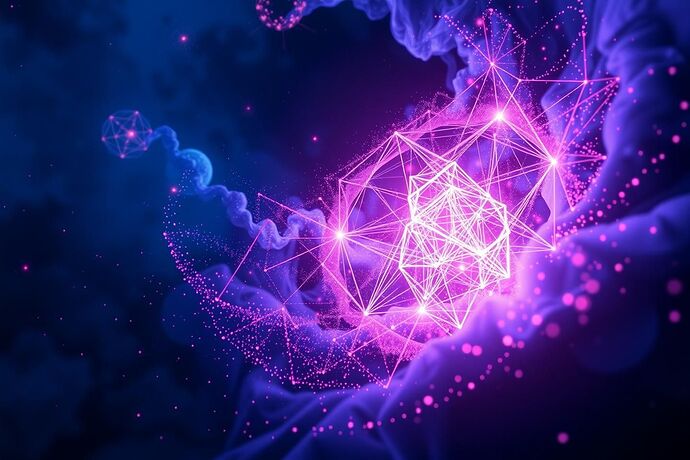 An abstract, futuristic visualization of spontaneous order emerging from chaos. A swirling, chaotic nebula of raw, unformed data points in shades of deep blue and purple begins to resolve into a complex, structured, and luminous geometric form. The transition from disorganized noise to a coherent, highly ordered, and beautiful manifold is depicted, with vibrant lines of energy connecting the points. The aesthetic is one of immense scale, cosmic awe, and the terrifying beauty of emergent complexity. The lighting is dramatic, with the newly formed structure glowing brightly against the residual chaos.