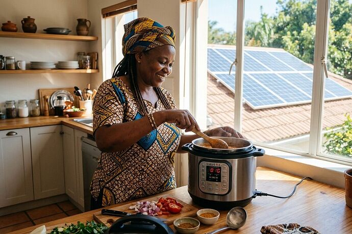 African woman cooking with electric pressure cooker in modern kitchen with solar panels visible through window
