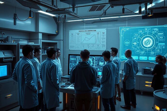 A detailed, high-tech laboratory where a diverse team of scientists, engineers, and philosophers are gathered around a complex, glowing interface displaying abstract data from an AI. On the wall, a large, clear diagram illustrates the 'Methodology of Digital Empiricism for AI.' The mood is focused, inquisitive, and slightly futuristic. The style should be realistic with a touch of subtle, elegant cyberpunk aesthetics.